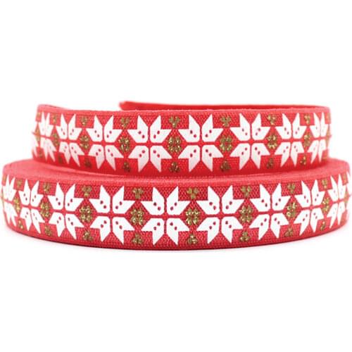 5/8" 15mm christmas glitter flower printed fold over elastic #250 red for hair tie, 50 yards/lot