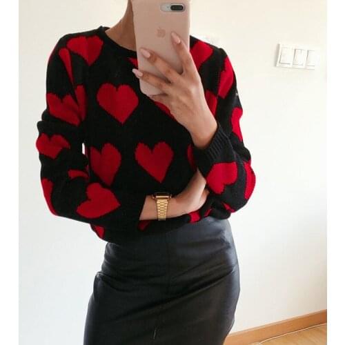 Fashion Love Heart Print Women Sweaters Casual Loose Long Sleeve O Neck Knitted Pullovers Autumn Winter Streetwear Jumper Female