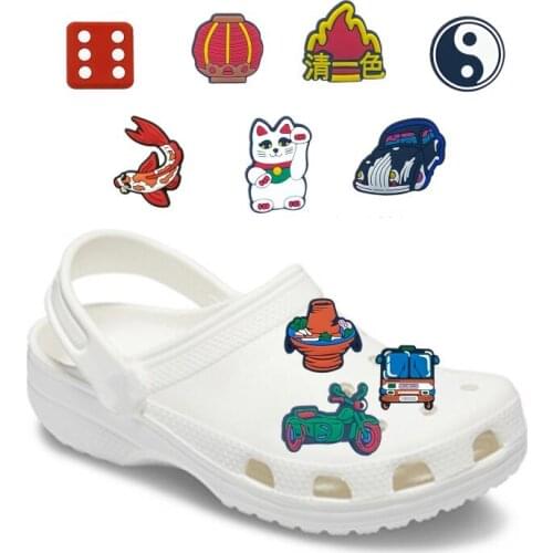 4-12pcs Chinese Style Shoe Charms Mahjong Lantern Tai Chi Lucky Cat Clog Decorations Camping Hairdressing Shoe Accessories