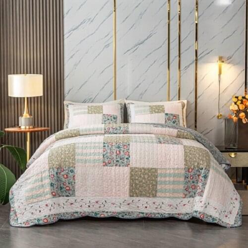 CHAUSUB Bedspread on the Bed Cotton Quilt Set 3pcs Green Patchwork Pillowcase Queen Size Coverlet Summer Blanket for Double Bed