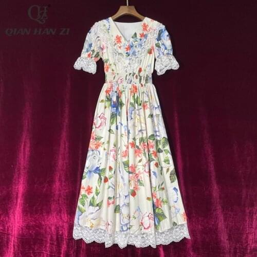 Qian Han Zi designer fashion runway dress Elegant Flower print Lace beaded Waist elasticity Slim midi dress Women New 2021