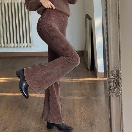 Women Pants Vintage 90S Corduroy Flare Sweatpants Aesthetic 2021 Harajuku Long High Waist Trousers Stretchy Female Capris