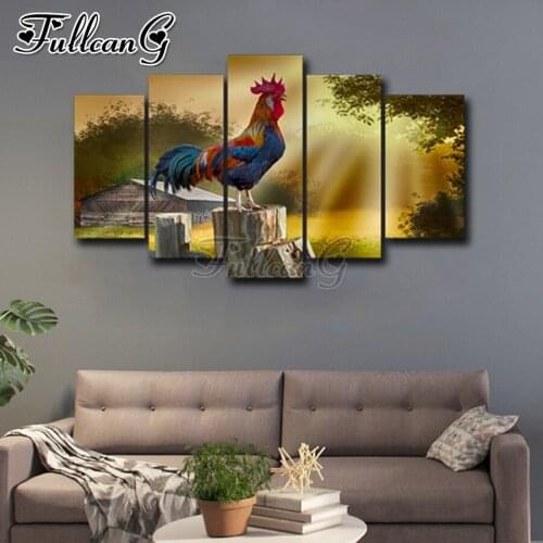 FULLCANG Rooster crowing 5 piece diy diamond painting large full square round mosaic embroidery multi-picture home decor FC3441
