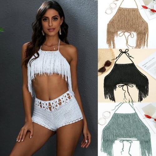 H80&S90 New Sexy Women Tassel Hand Crochet Bikini Tops Swimwear Handmade Knit Beachwear Female Cover Up Halter String Suits