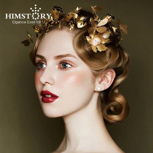 HIMSTORY Baroque Gold Leaf Black Rhinestones Wedding Tiara Crown Butterfly Designs Headband Bridal Hair Accessory Hairwear