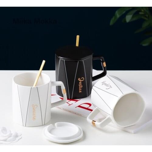 English Print Ceramic Mug Justice Faith Loyalty Coffee Cup Nordic Style Simple Coffee Mug with Lid Spoon Black White Couple Cups