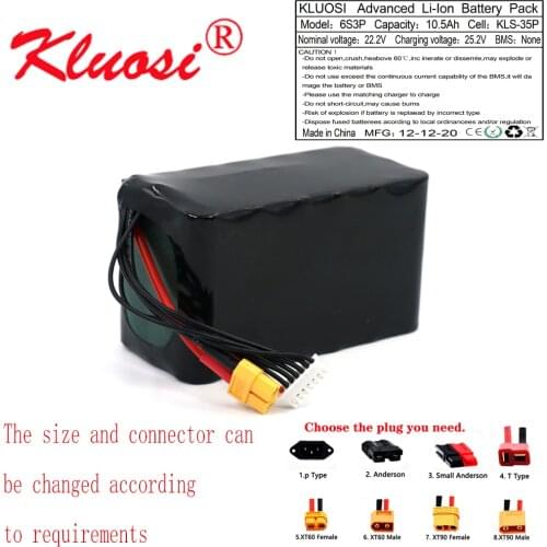 KLUOSI 6S3P 24V 10.5Ah 10Ah 25.2V High Capacity UAV Rechargeable Li-ion Battery for Various RC Airplane Quadrotor XH2.54-4P XT60