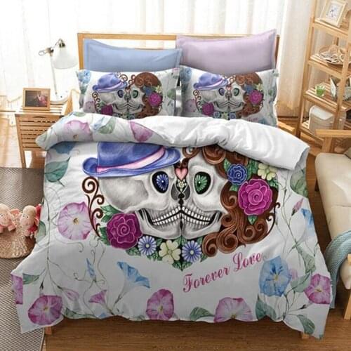 2/3pcs Floral Skull Bedding Set Flower Skull Couple Wedding Duvet Cover Pillowcase Queen/King White Quilt Cover Set