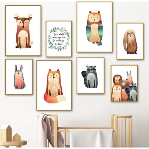 Elk Owl Squirrel Rabbit Fox Raccoon Hedgehog Wall Art Canvas Painting Nordic Posters And Prints Wall Pictures Kids Room Decor