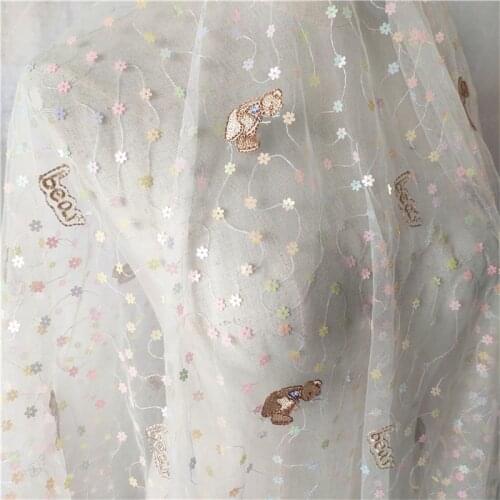 Cartoon Embroidered Bear Plum Colorful Sequins Mesh Lace Fabric DIY Children Dress Sewing Cloth V2962