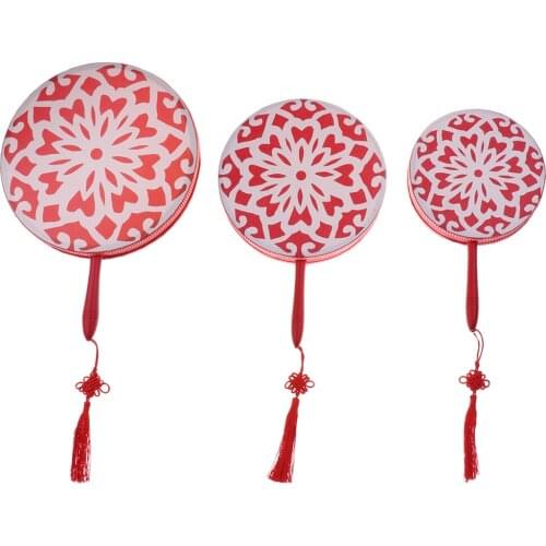 Novelty Red Paper-cut Pattern Wood Hand Percussion Handheld Fan Drum Tambourine with Stick Mallet