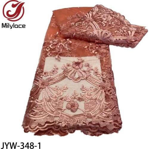 New French Tulle Lace 3D Embroidery Laces Fabric with Beads African Laces Fabric Design Wedding Party Dresses JYW-348