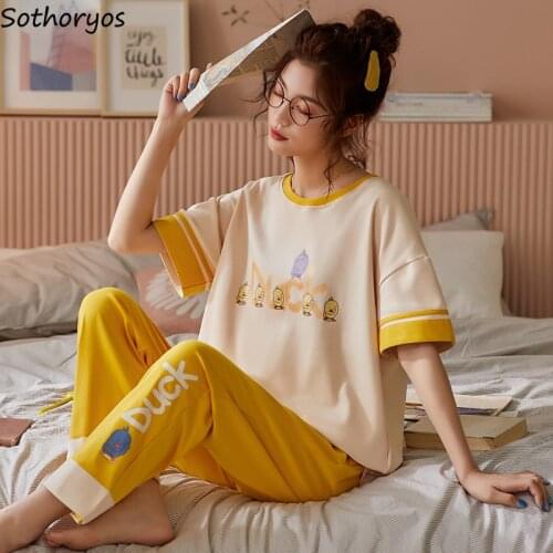 Pajama Sets Women Two Pieces Short Sleeve Tee and Long Pants Summer Spring Sleepwear Home Lounge Pajamas Suit Soft Casual Simple