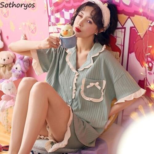 Pajama Sets Women Ruffles Turn-down Collar Cartoon Cozy Lounge Wear Short Sleeve Ladies Loose Casual Simple Bow Kawaii Korean