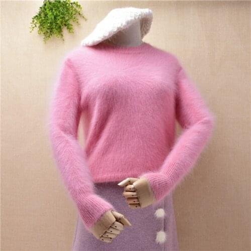 Pink girl ladies sweet small size slim sweater mink cashmere knitted angora rabbit fur base blouse jumper fashion pullover