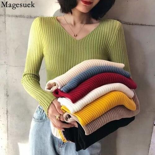 New V-neck Knitted Striped Sweater 2021 Autumn Korean Slim Jumper Women Sweater Pullover Long Sleeve Bottomed Sweater Top 16250