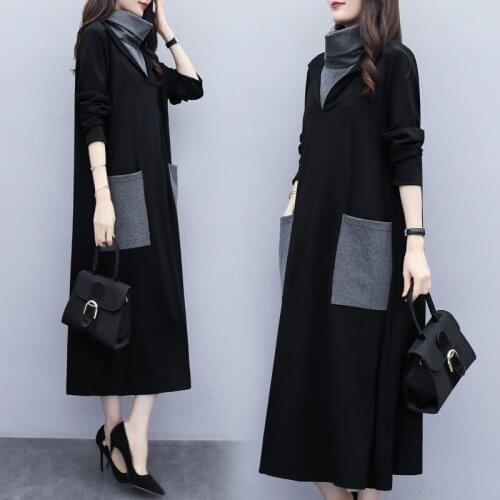5XL Big Size Womens Autumn and Winter Clothing New T-shirt Loose Mid-length Dress Stitching Turtleneck Long Dress Vestido f2416