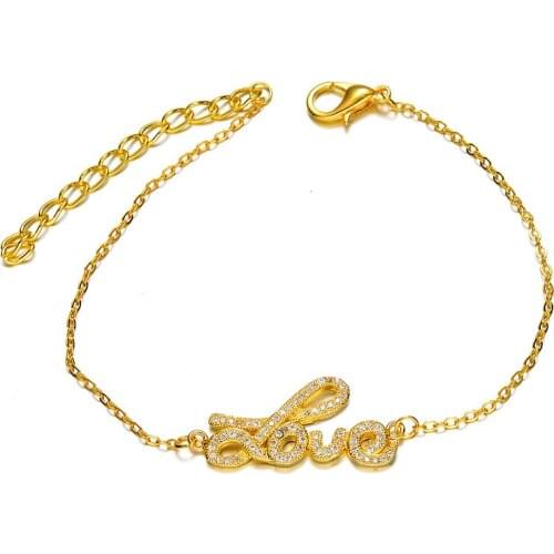 Juya Handmade Fashion Gold/Silver/Rose Gold Lobster Chains Micro Pave Zircon LOVE Letters Charm Bracelets For Women Wedding Gift