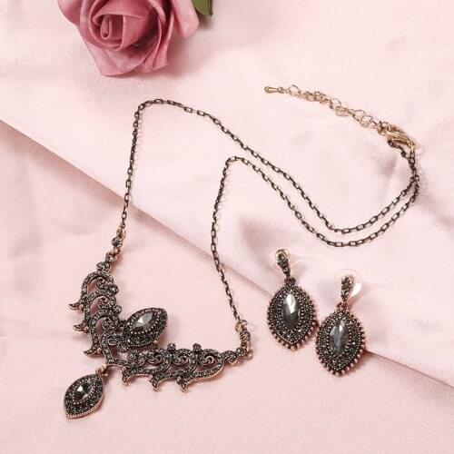 Retro Macedonia Bridal Necklace Earring Set with Gray Rhinestone Turkish Trendy Women Jewelry Sets Luxury Women Gifts