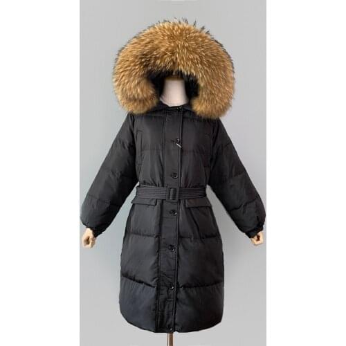 2021 Women Duck Down Jacket Hooded Parka Large Real Fur Collar Solid Long Sleeve Sashes Over The Knee Puffer Chic Down Coat