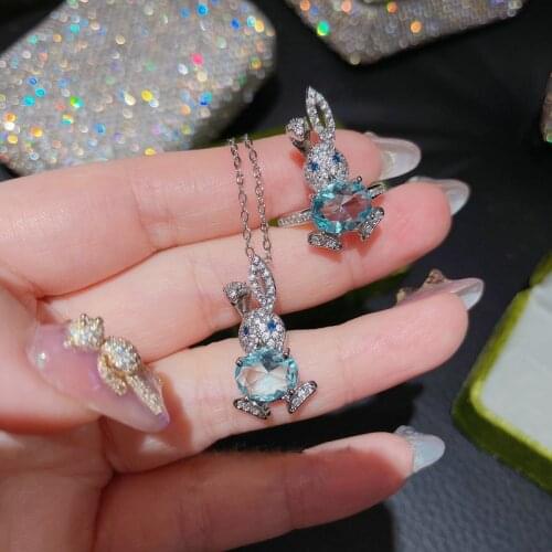 925 Sterling Silver Wedding Blue Topaz Jewelry Sets for Women Cute Bunny Earrings Rings Crystal Zircon Necklaces Fashion Jewelry