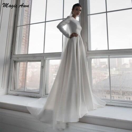 Magic Awn Elegant Satin Wedding Dresses Long Sleeves Scoop Simple Modest A-Line Bridal Gowns Cheacp Customized Vestido De Novia