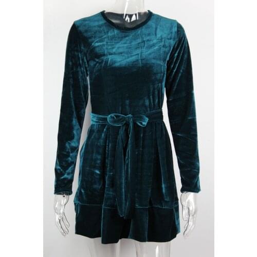 BacklakeGirls Women Solid Color Simple Round Neck Long Sleeve Velvet Dress Elegant Cocktail Dress Female Robe Coktail Femme