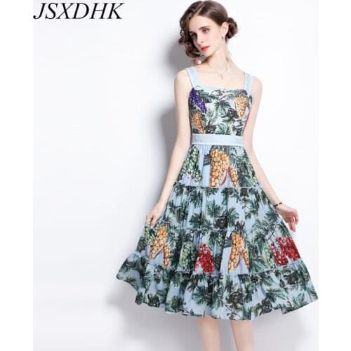 2021 New Autumn Holiday Beach Dress Runway Women Spaghetti Strap Grape Printing Ruffles Sexy Backless Boho Midi Dresses Vestidos