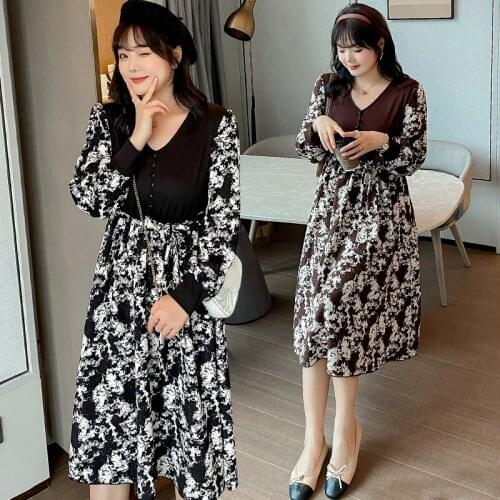 WomenS Spring V-Neck Contrast Print Button Dress Plus Size Knee Length Casual Wear 100 Kg Can Be Worn