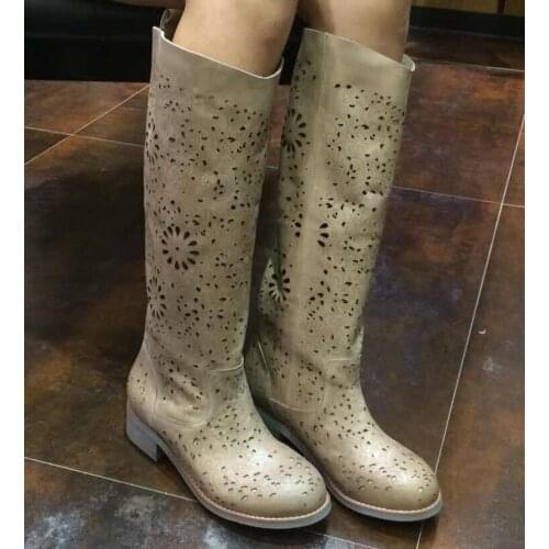 Genuine Leather Round Toe Low Heeled Sandals Summer Women Sexy Long Boots Cut Out Knee High Breathable Lady Boots 34-39 SXQ0430