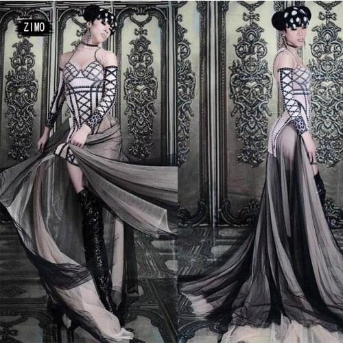 One-piece Luxurious Trailing Dress Women Sexy Singer Stage Performance Costume Printed Rivet Long Dress Club Party Dance Costume