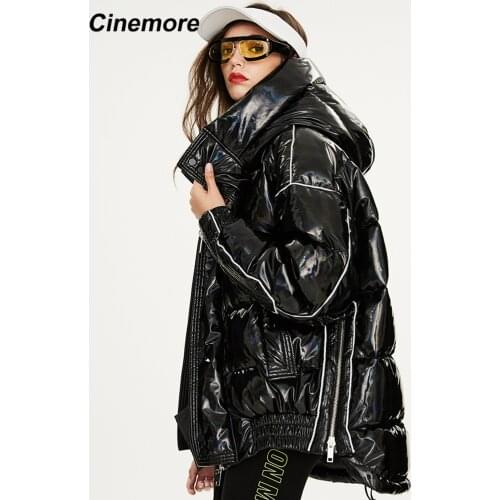 Cinemore 2021 Womens New Fashion Thick Down Jackets Female Oversized Outerwear High Quality Coat Hooded Bling Sliver Y9039