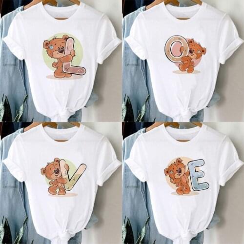 O-neck Kawaii 26 Letter Print T-shirt Women Cartoon Bear A to Z Letter Combination Summer Short-sleeved Casual Tshirt Female