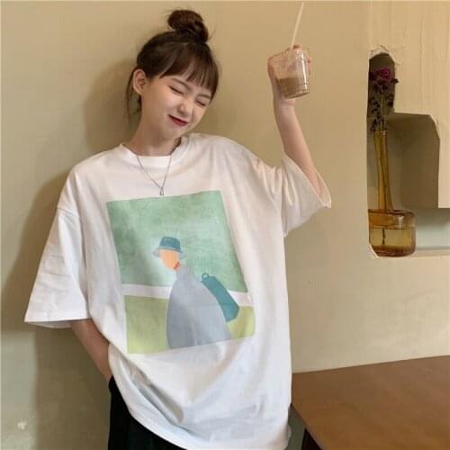 Personality Retro Print T-shirt Loose T-shirt Female Korean Harajuku Womens T-shirts Tops Japanese Ulzzang Clothes For Women