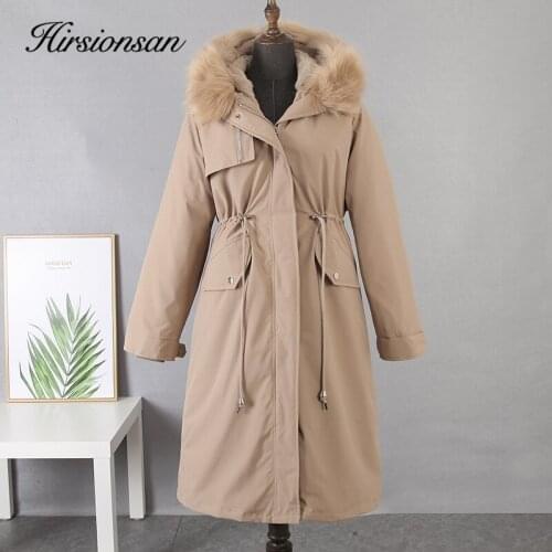 Hirsionsan Lace Up Long Coat Women Winter Korean Elegant Jacket Coat Parkas High-Quality Hooded Covering Thicken Warm Outwears
