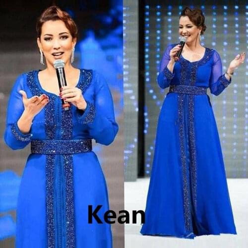 Royal Blue Moroccan Kaftan Muslim Evening Dress Full Sleeve Bead Lace Islamic Dubai Kaftan Saudi Arabic Evening Gown Prom Dress