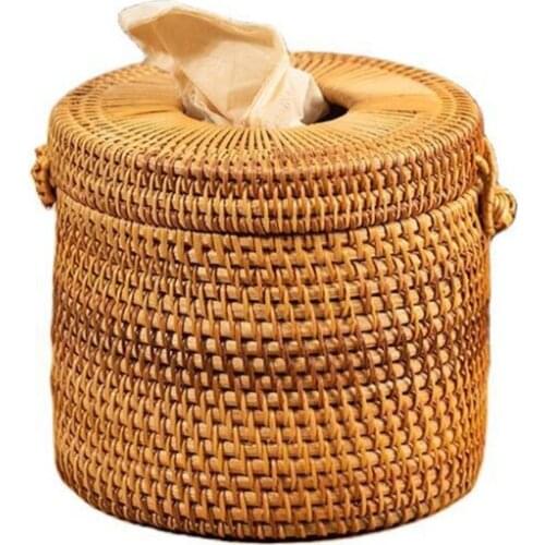 Round Rattan Tissue Box Vine Roll Holder Toilet Paper Cover Dispenser for Bathroom Home Hotel Office