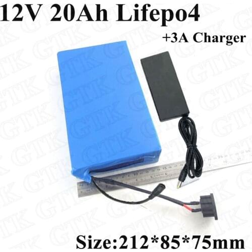 GTK LiFepo4 12V 20Ah lithium battery pack with BMS for scooter skateboard electric bag fishing wheel+3A charger