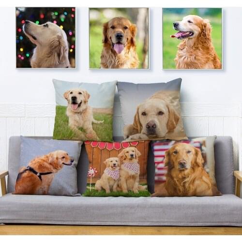 Cute Golden Retriever Pet Dog Throw Pillow Cover 45*45 Square Cushion Covers Linen Pillow Case Car Sofa Home Decor Pillows Cases