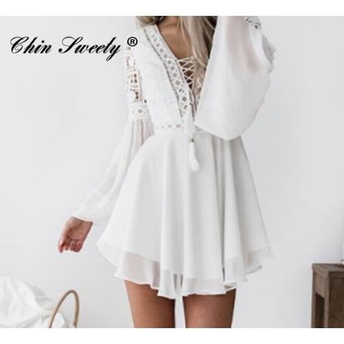 Bohe Mini Dress Women Sexy V-Neck Hook Flower Hollow Women Dresses Casual Flared Long Sleeves Female Summer 2021 Ladies Clothes