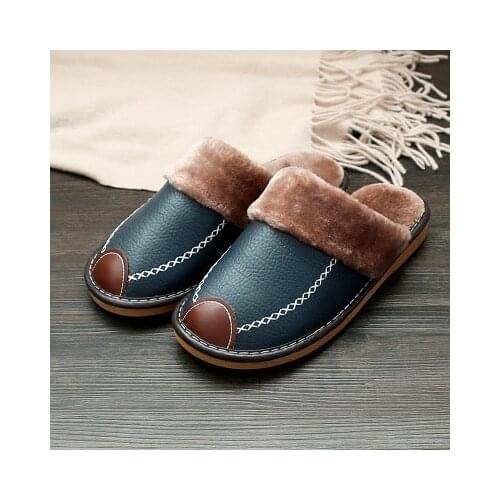 Men Slippers Black New Winter PU Leather Slippers Warm Indoor Slipper Waterproof Home House Shoes Women Warm Leather Slippers