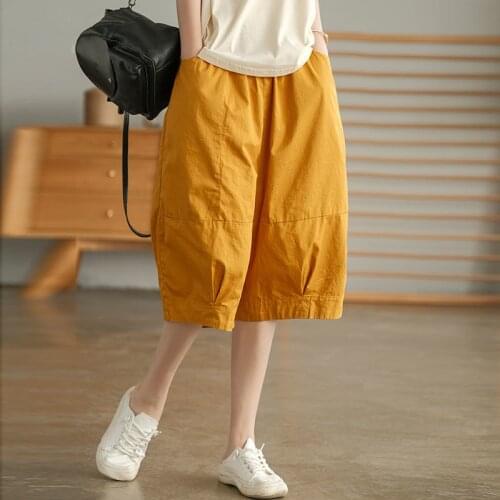 NINI WONDERLAND 2021 Summer Cotton Knee Length Straight Pants Retro Women Elastic Waist Loose Pants Korean Style Casual Trousers
