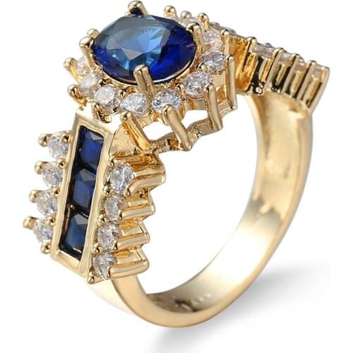 Fiery Female Golden Oval Ring Fashion blue & white Filled Jewelry Vintage Wedding Rings For Women Birthday Stone Gifts