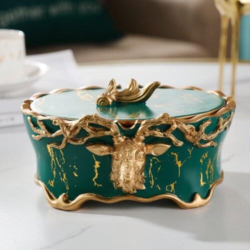 Resin Deer Head Ashtray Ornaments Luxury Green Gold Pattern Home Office Car Ashtray with Lid Home Decoration for Boyfriend Gift