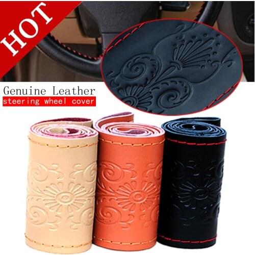 Hot Universal 4 Colors High quality Genuine Cowhide Leather Steering Wheel Cover racing steering wheel Free shipping