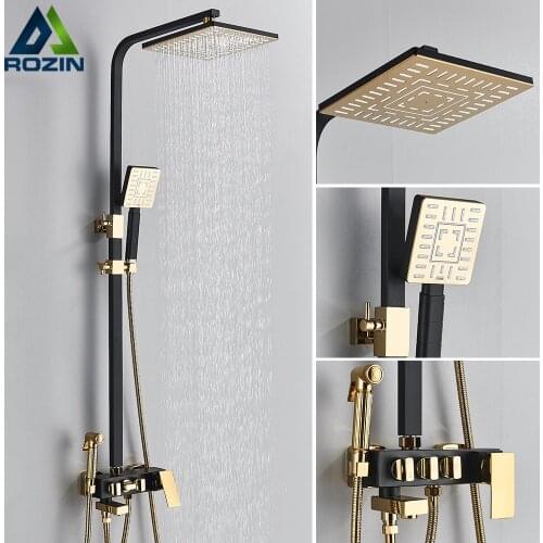 Rozin Brass Golden Shower Faucet Rainfall Bathroom Shower Set Shower Mixer Tap Black Gold Rainfall Shower System Hot Cold Mixer