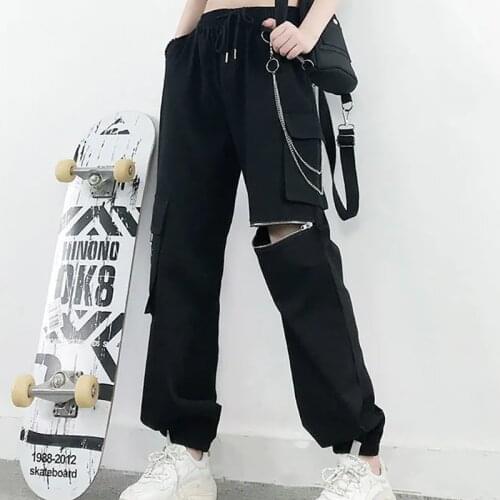 Broken zipper hip hop hip hop hip hop loose pants show thin black casual pants sweatpants streetwear cargo clothing