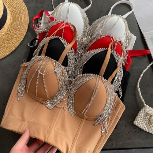 Super Sexy Rhinestones Tassels Decorated Women Padded Tube Top Club Party Outerwear Bra Top