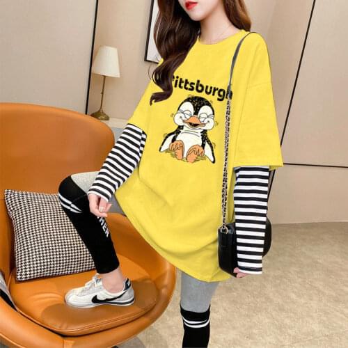 Cartoon Printed Long Sleeved Shirts Fake Two Pieces Striped Patchwork T-shirt Women Spring and Autumn Top Round Neck Pullover