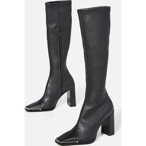 MUMANI Woman‘s Knee-Hig Boots Hot Black Leather Square Toe Zipper 8.5cm High Heel Thin Fashion Banquet Footwear Handmade Shoes